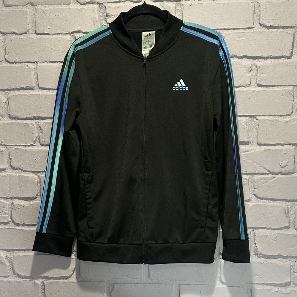 NWOT Adidas Black Jacket with Blue and Green Accents size 14/16